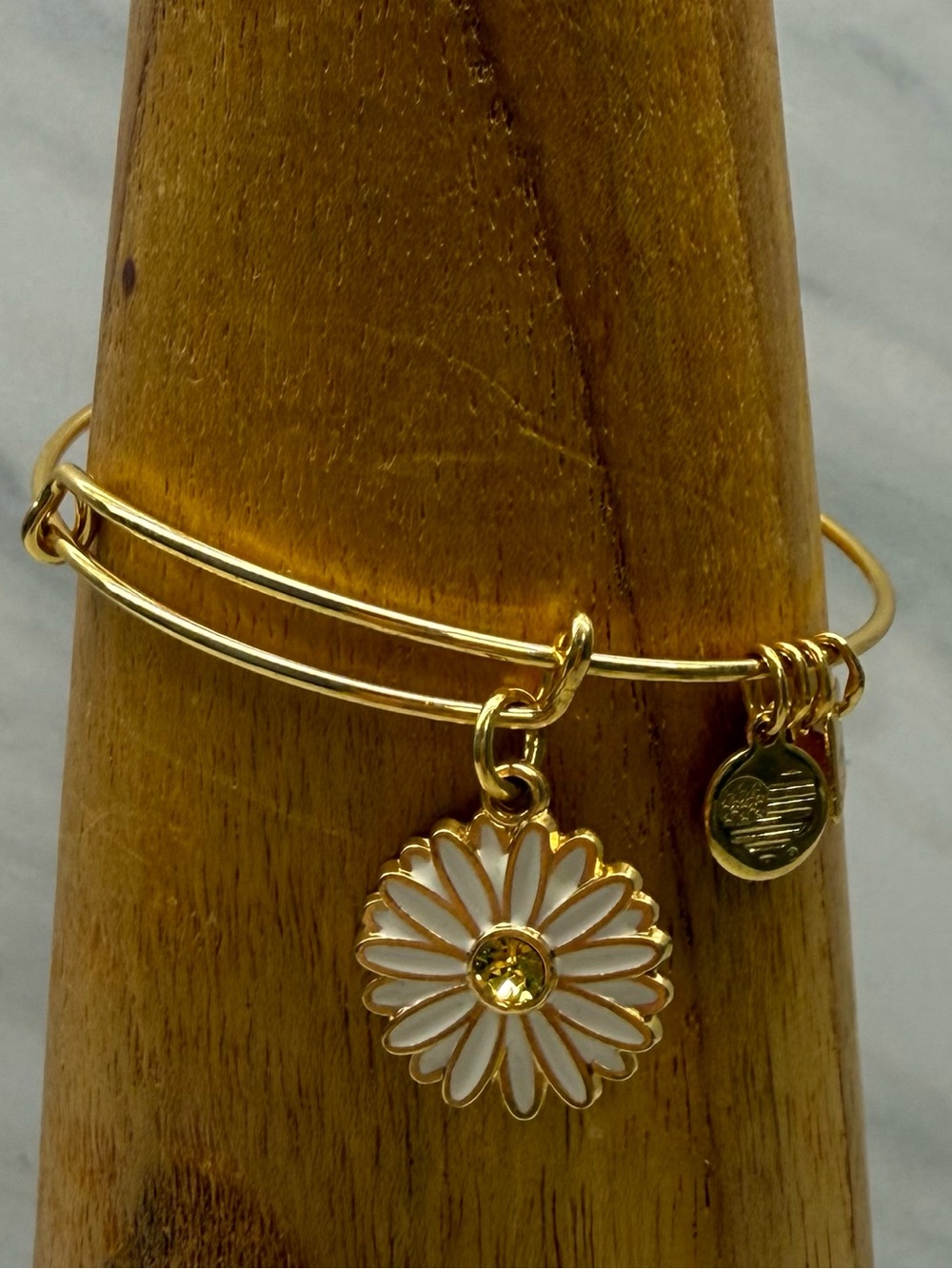 Alex and Ani Gold Daisy Charm Bangle Bracelet with White Enamel